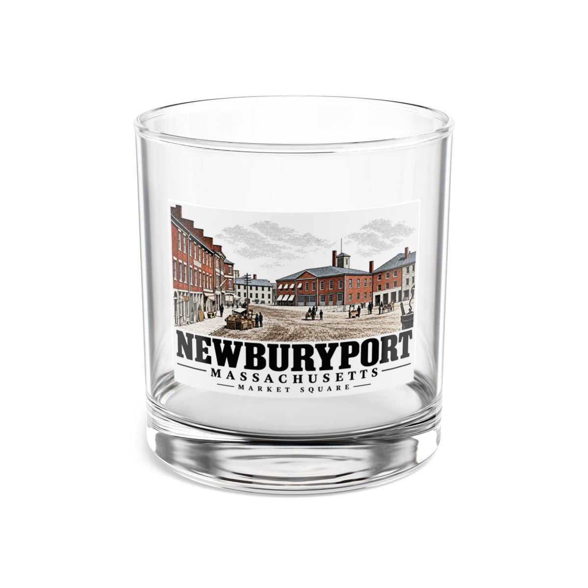 Market Square and historic market/firehouse, Newburyport illustration on 10 oz rocks glass — front view