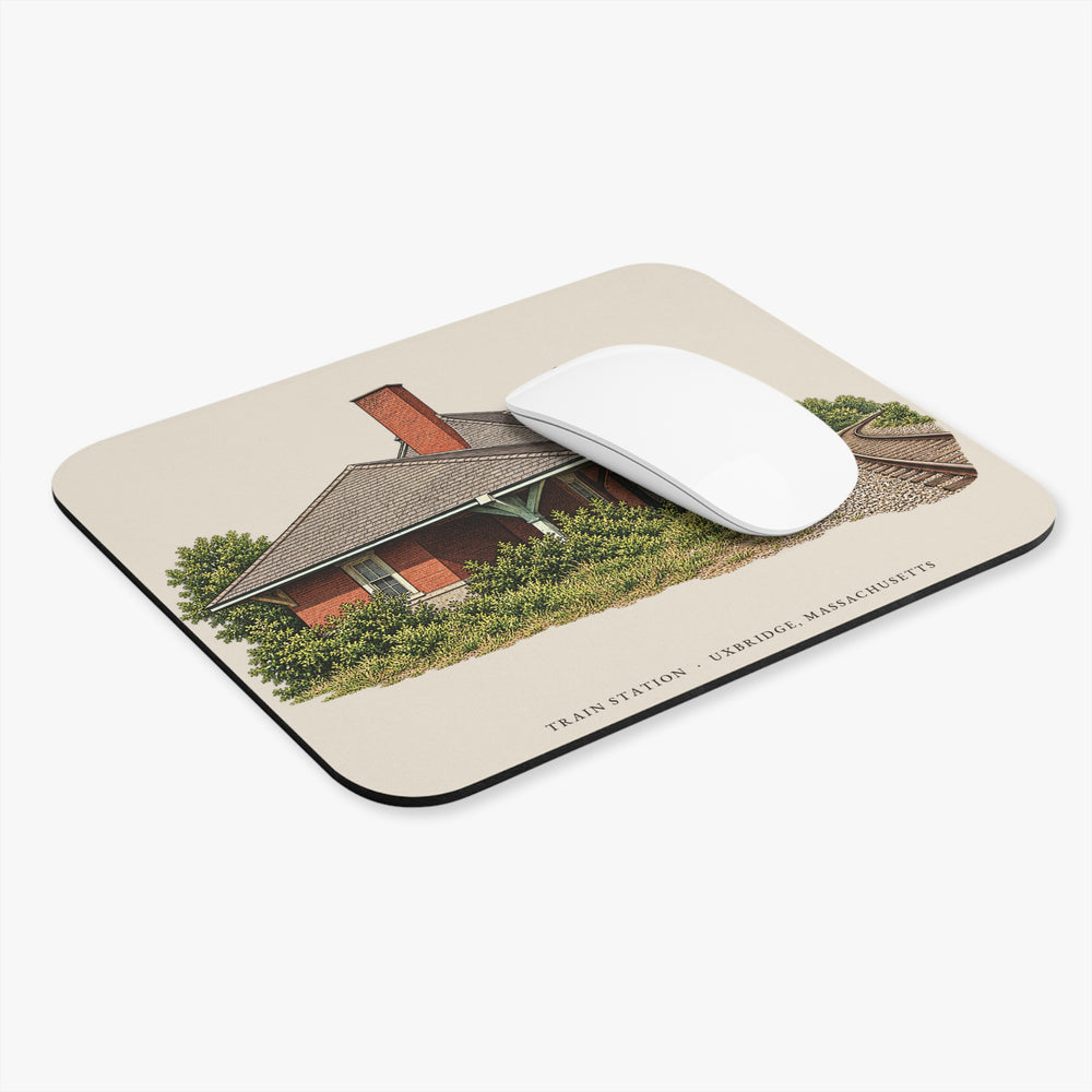 Uxbridge Train Station mouse pad mockup showing the full illustrated print