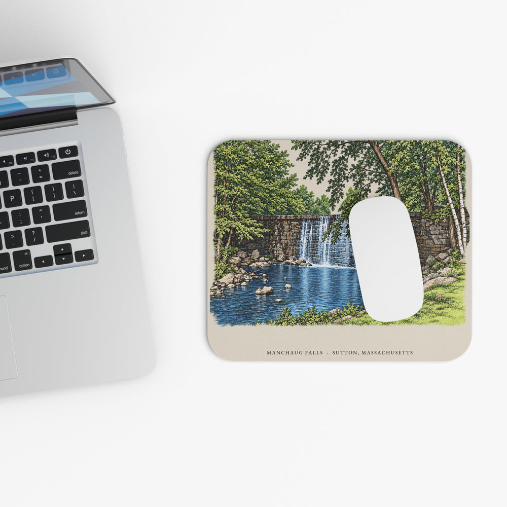 Sutton Manchaug Falls mouse pad mockup showing the full illustrated print
