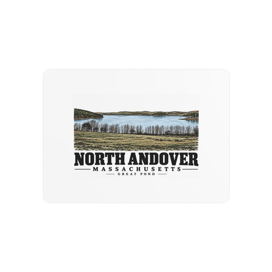 Front of Great Pond metal wall art, with North Andover, Massachusetts artwork and lettering.