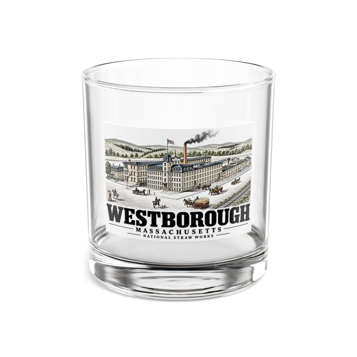 Illustrated National Straw Works in Westborough on rocks glass