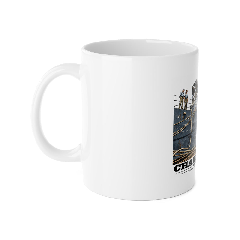 Left-handle view of the USS Braine ceramic mug, with the artwork wrapping around its right side.