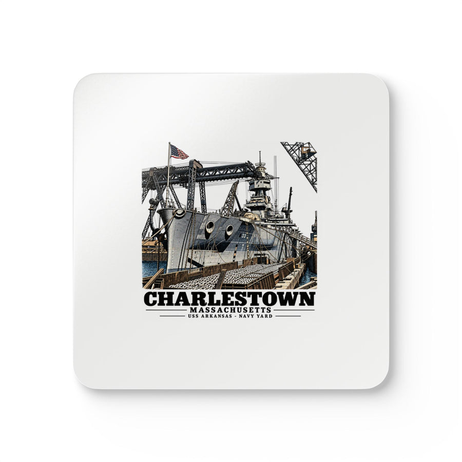 Illustrated USS Arkansas at Boston Navy Yard in Charlestown on corkwood coaster set