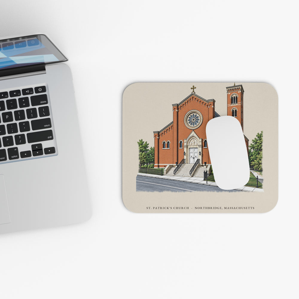 Northbridge St. Patrick's Church mouse pad mockup showing the full illustrated print