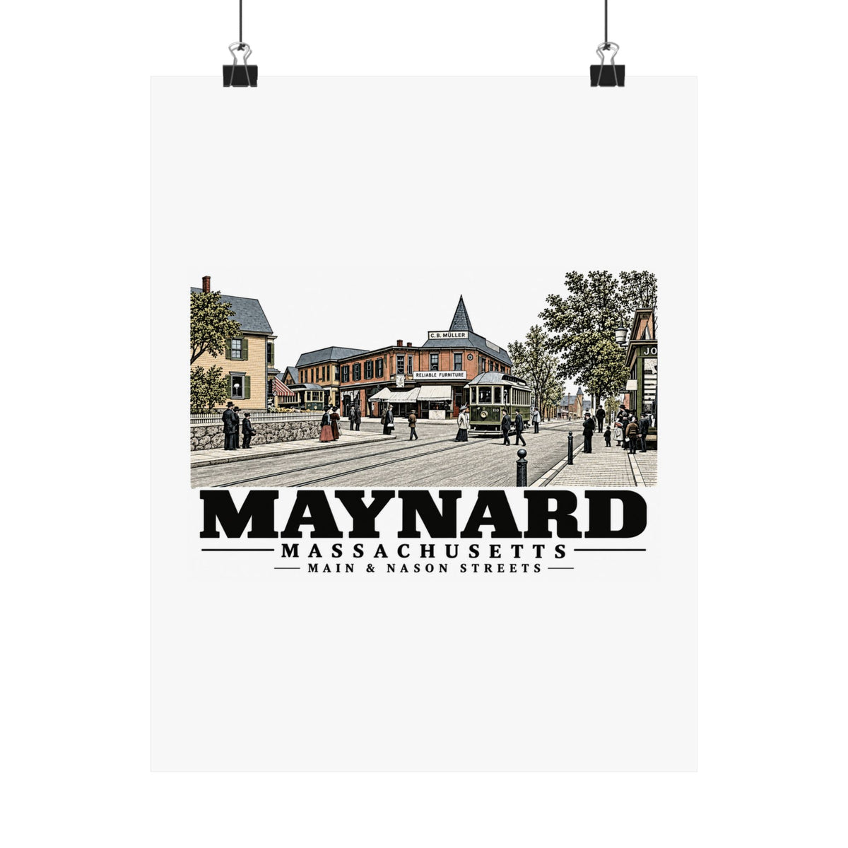 Illustrated Main & Nason Streets in Maynard on unframed matte poster
