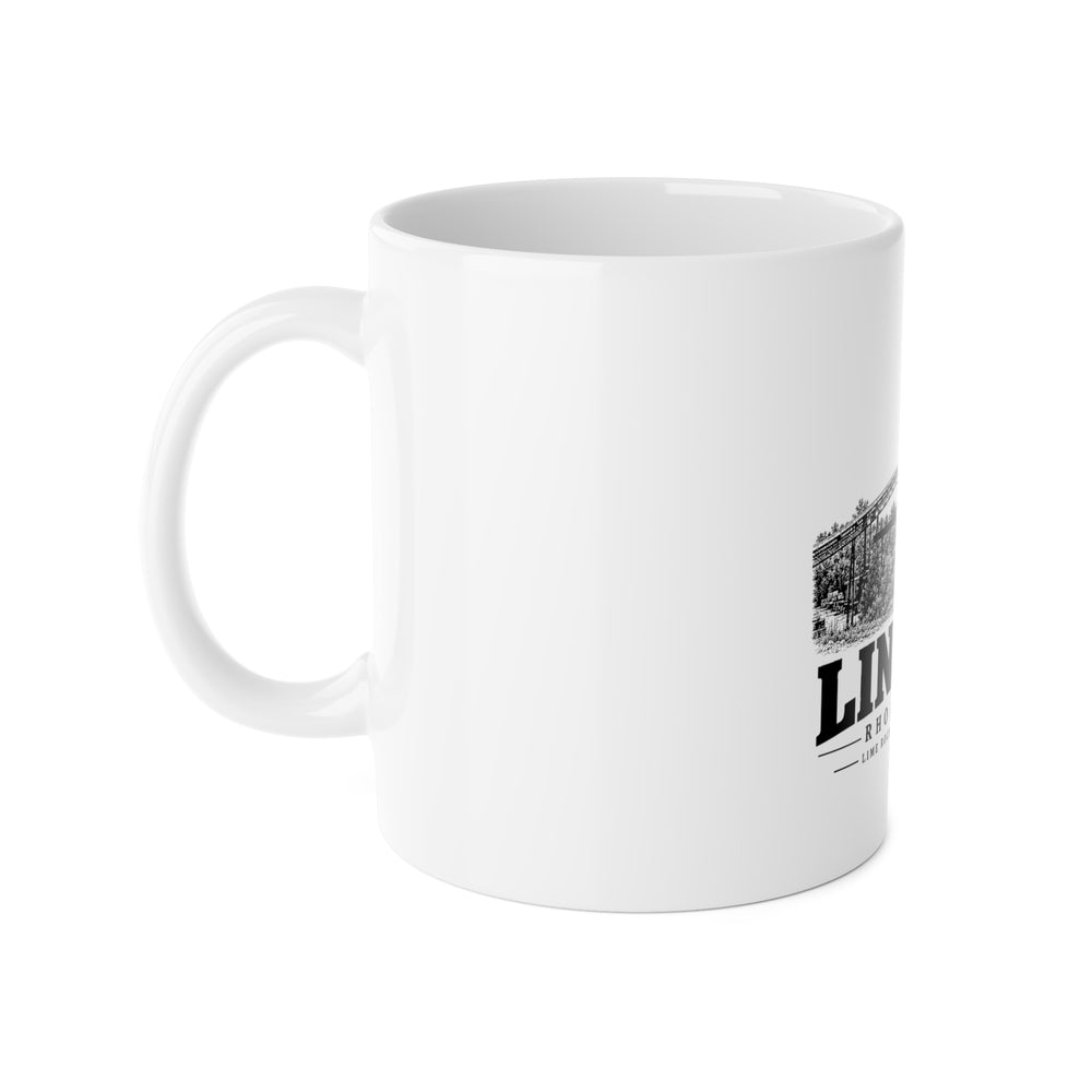 Left side of Lincoln, Rhode Island — Lime Rock Limestone Factory ceramic mug showing the handle and edge of the print