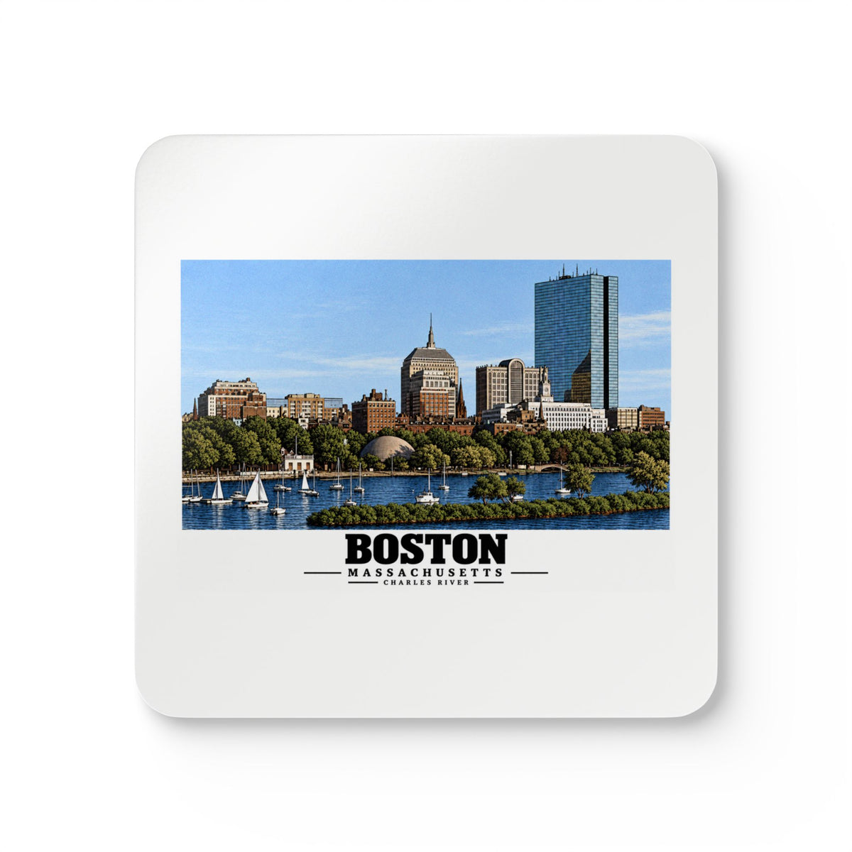 Illustrated St. Charles River view of Boston, Massachusetts in Boston and Cambridge on corkwood coaster set