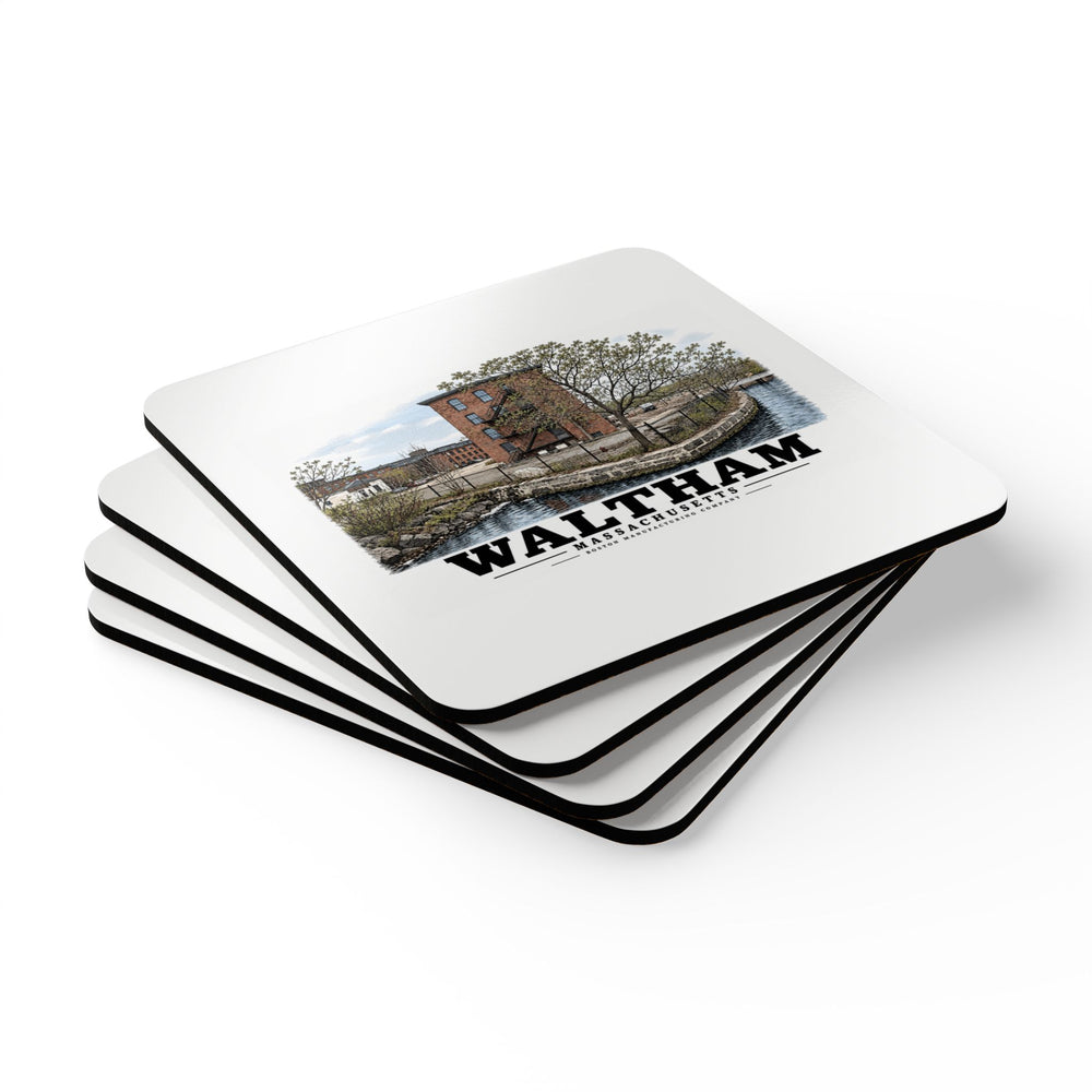 Illustrated Boston Manufacturing Company in Waltham on corkwood coaster set
