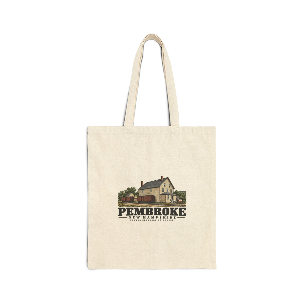 Fowler Brothers gristmill and grain storehouse with boxcars Natural + Black Heavy Canvas Tote - Merrimack Valley Goods