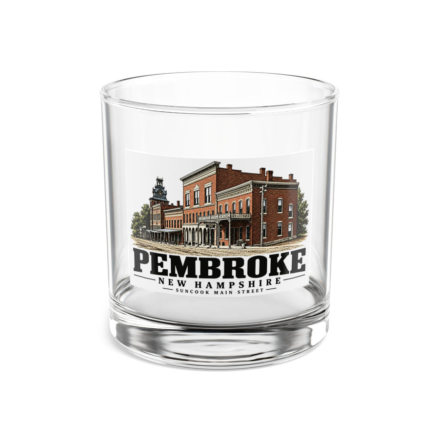 Main Street clocktower commercial streetscape, Pembroke illustration on 10 oz rocks glass — front view