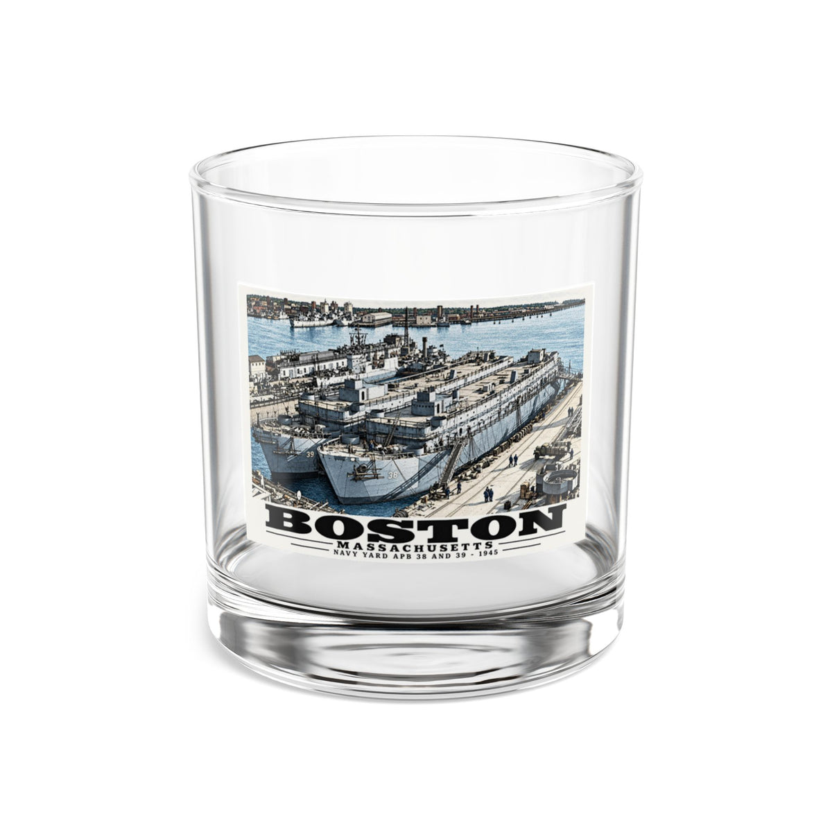 Illustrated APB-38 and APB-39 at Boston Navy Yard in Charlestown on rocks glass