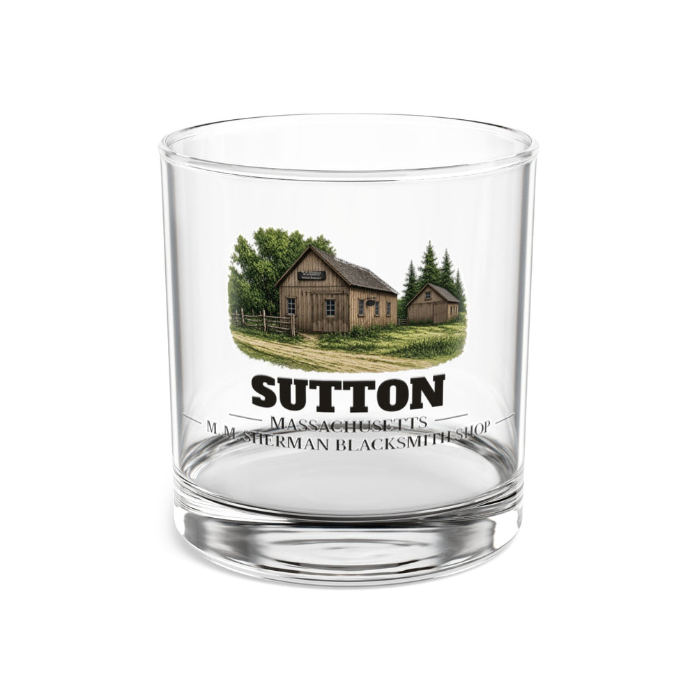 Front view of the Sutton M. M. Sherman Blacksmith and Wheelwright Shop artwork printed on a clear 10 oz rocks glass