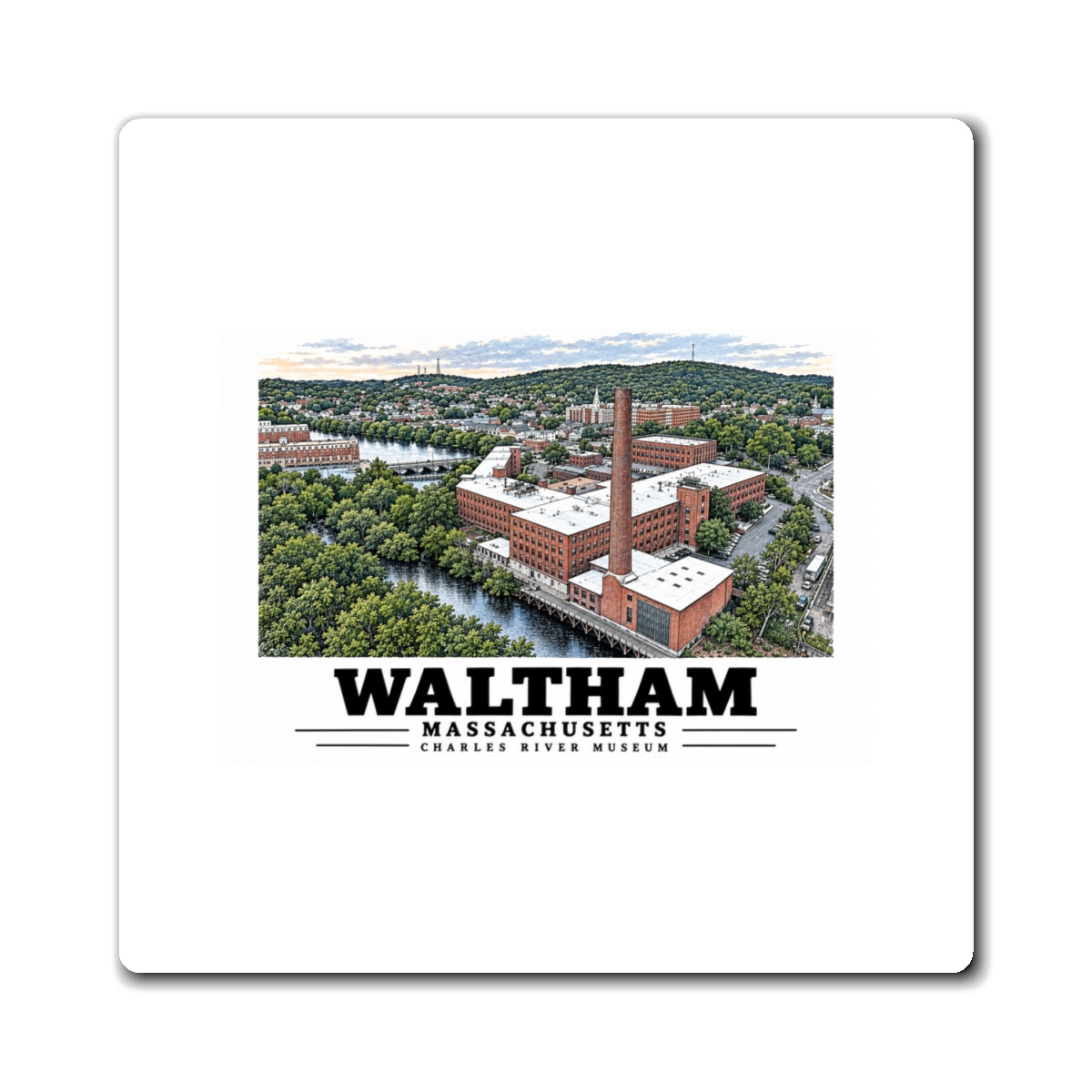Front view of the square magnet with Waltham Charles River Museum artwork on a white background.