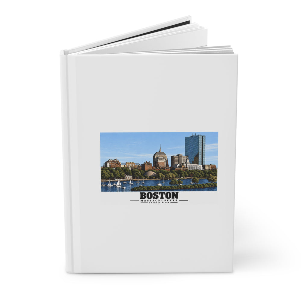 Illustrated St. Charles River view of Boston, Massachusetts in Boston and Cambridge on matte hardcover journal