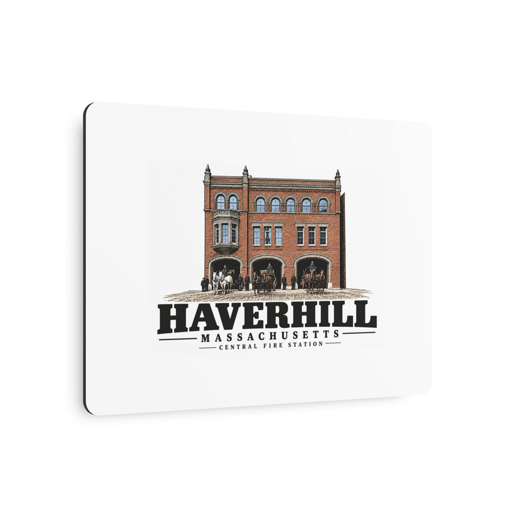 Angled front of Central Fire Station metal wall art, with Haverhill, Massachusetts artwork and lettering.