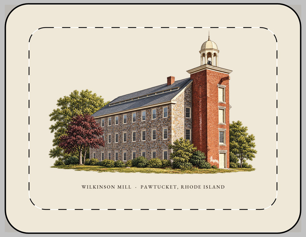 Pawtucket Wilkinson Mill Stone Machine Shop 13-inch laptop sleeve mockup showing the full illustrated print