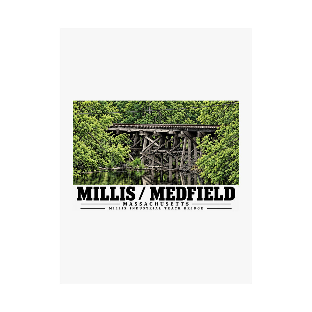 Flat Millis Industrial Track wooden railway trestle and green foliage poster with Millis/Medfield lettering