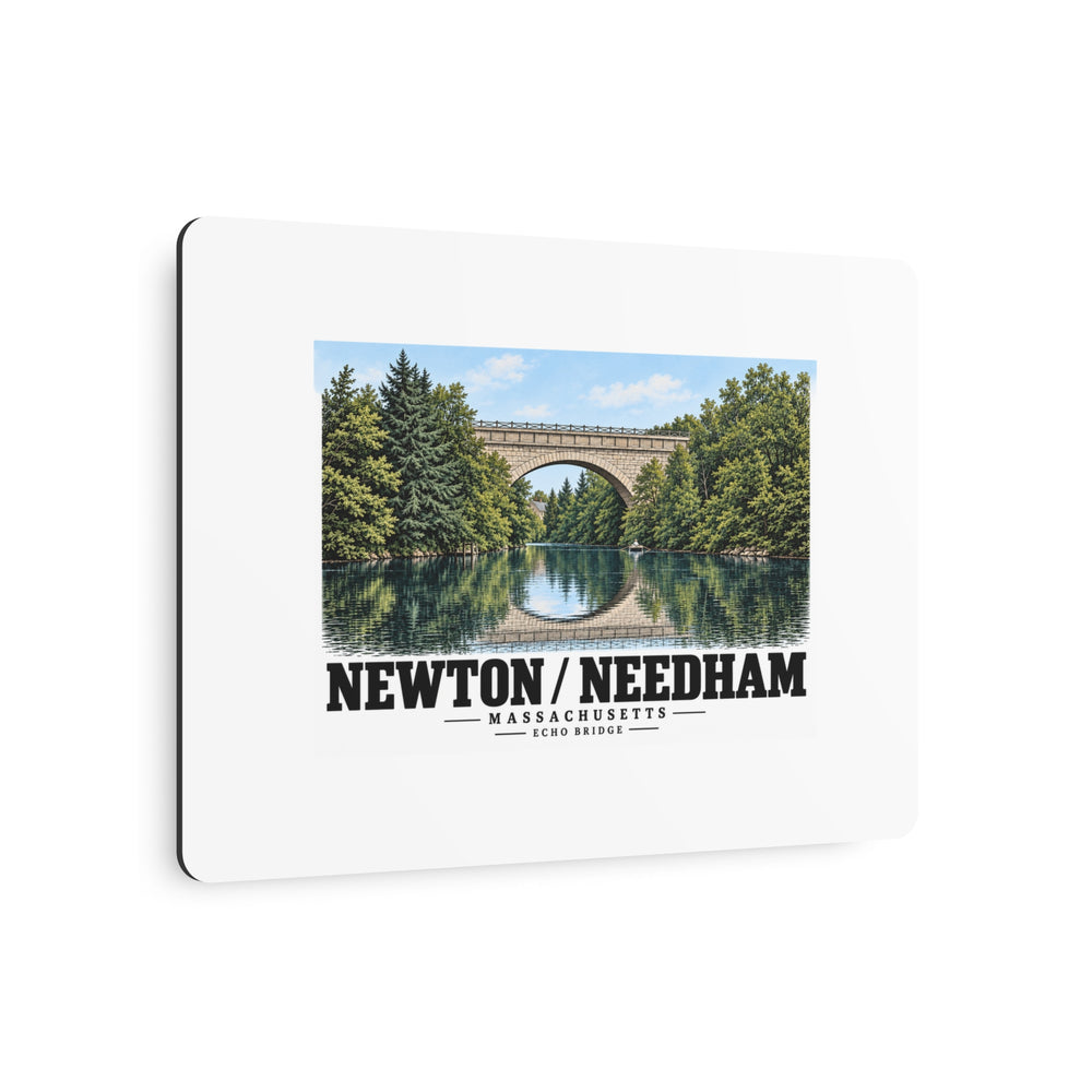 Angled metal sign showing Echo Bridge artwork and Newton/Needham lettering and the edge
