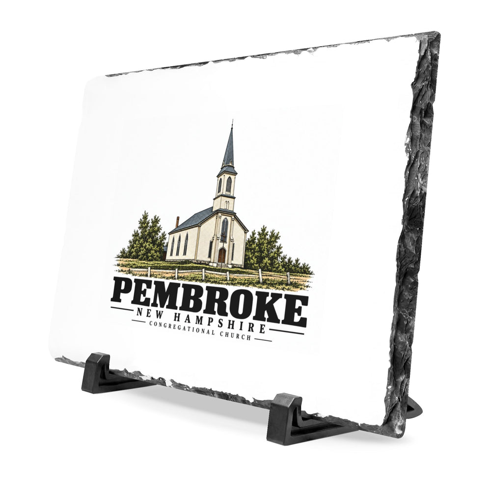 Angled front on display stands of Congregational Church slate desk plaque, with Pembroke, New Hampshire artwork and lettering.