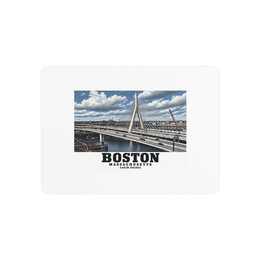 Metal wall print showing Zakim Bunker Hill Bridge cable-stayed towers and Charles River artwork and Boston lettering