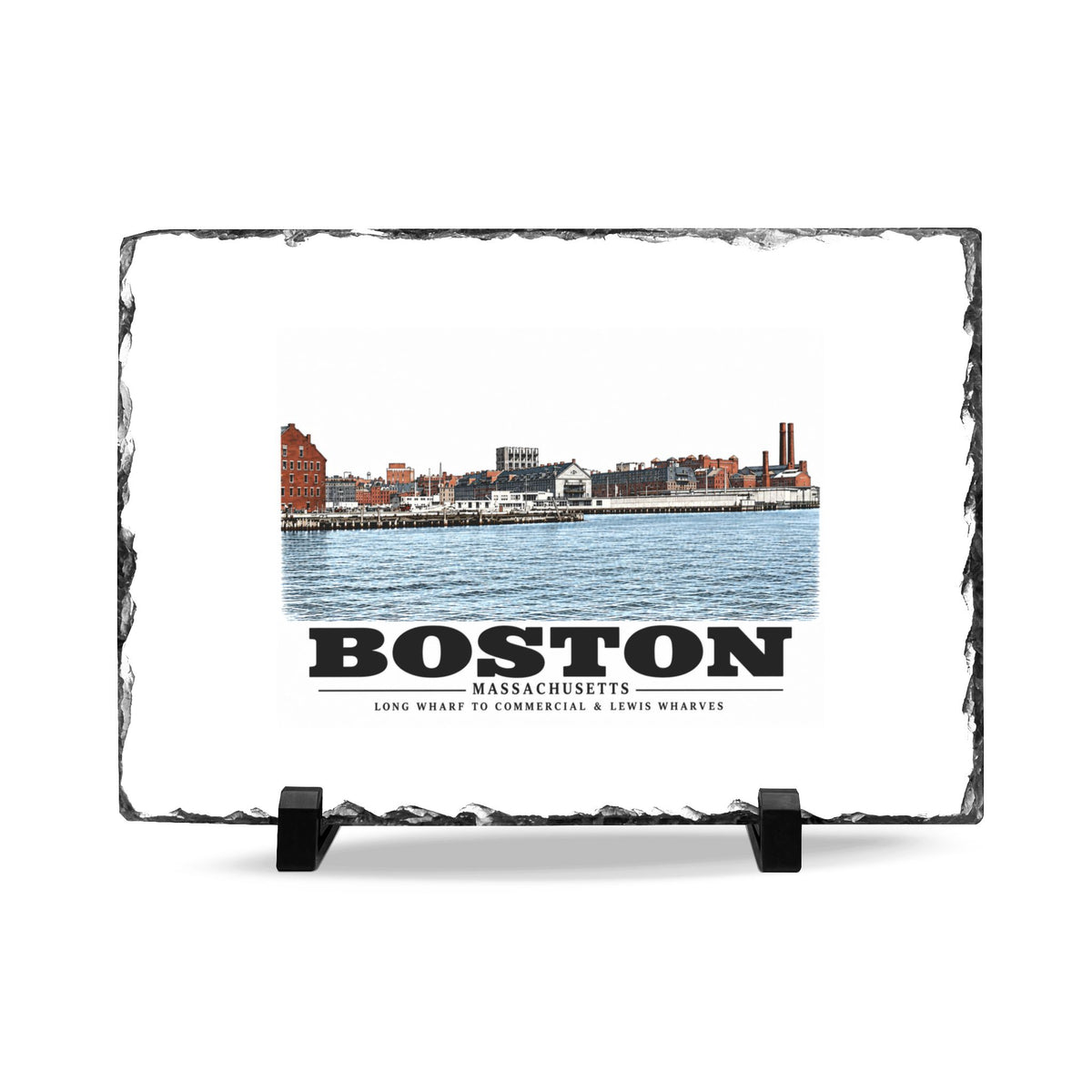 Long Wharf left to Commercial and Lewis right 7 × 11 in Slate Desk Plaque - Boston Harbor