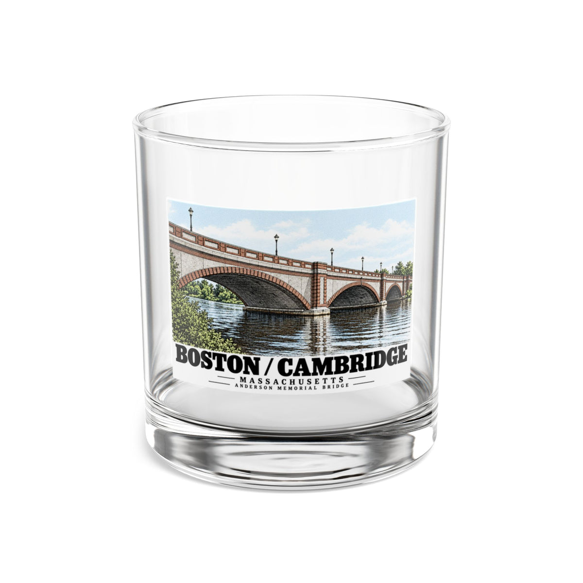 Clear rocks glass showing Anderson Memorial Bridge close arch view artwork and Boston/Cambridge lettering