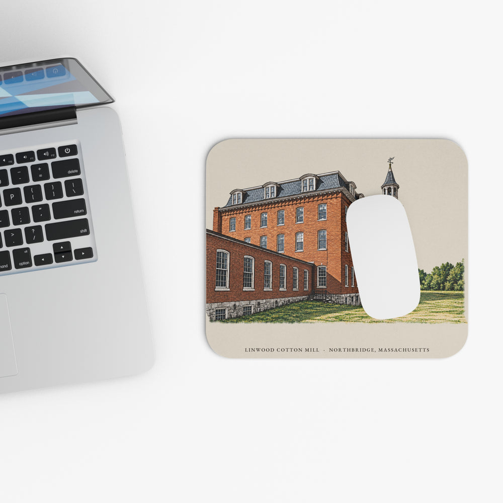 Northbridge Linwood Cotton Mill mouse pad mockup showing the full illustrated print