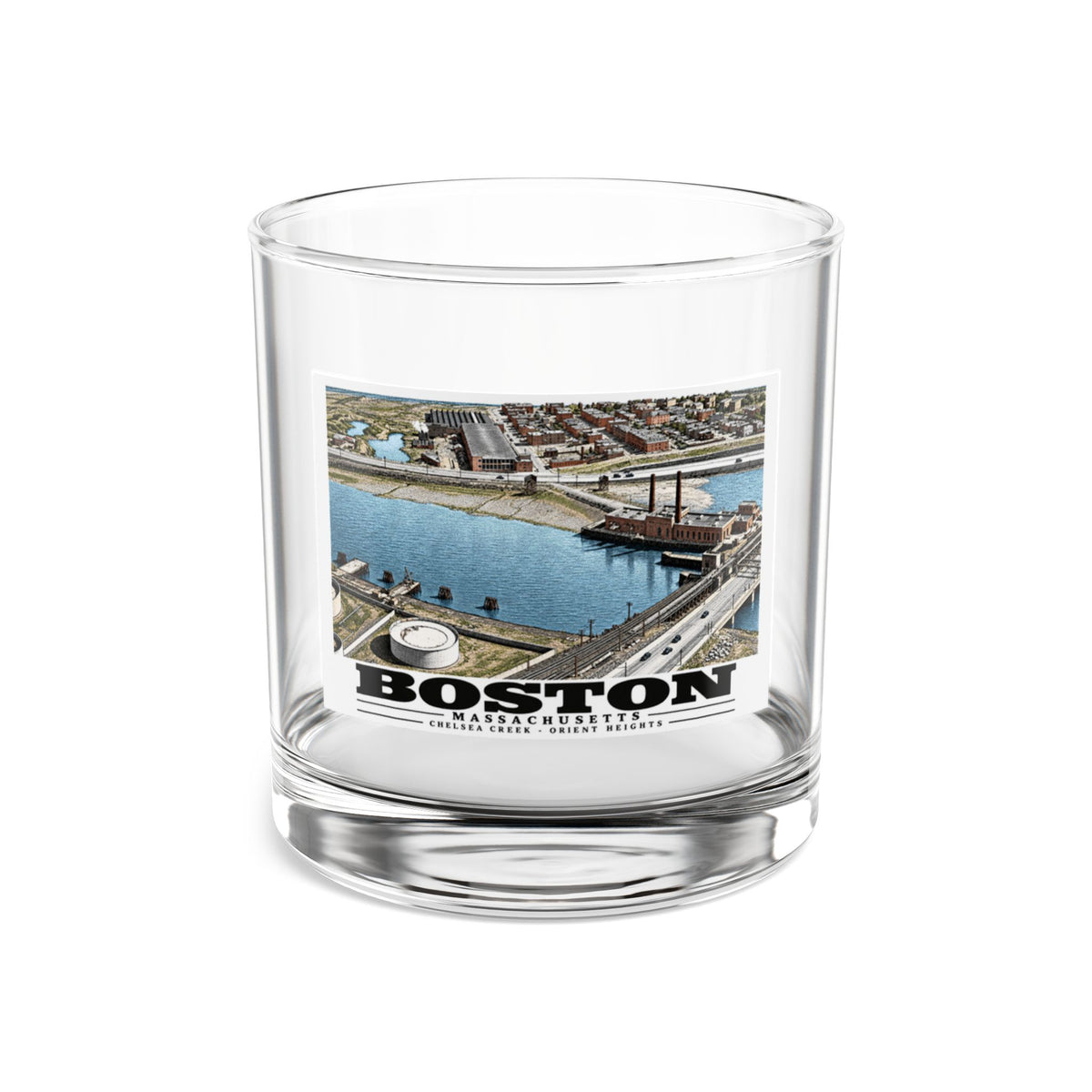 Orient Heights taken at 600 feet-Shore line, Chelsea Creek, East Boston 10 oz Rocks Glass - Boston Harbor
