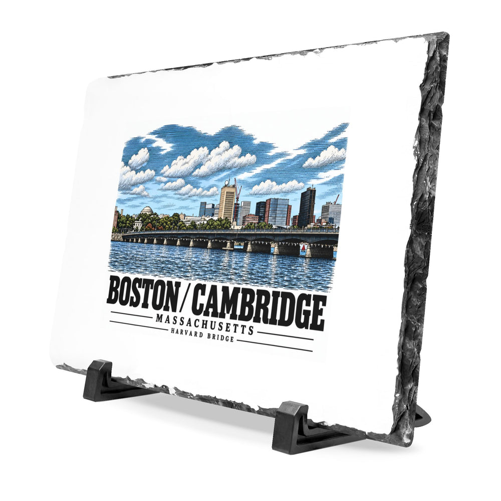 Angled rough-edged slate display on black stands showing Harvard Bridge river and skyline view artwork