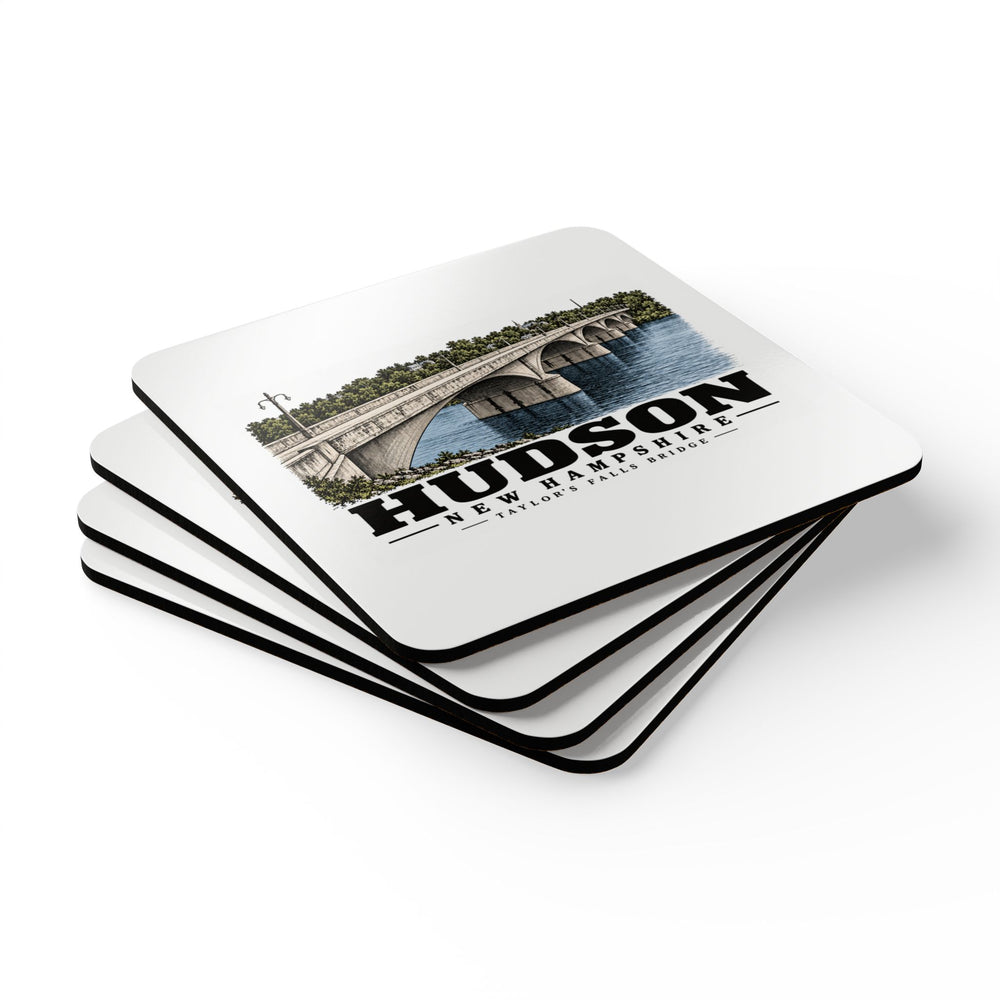 Stack of four coasters of Taylor’s Falls Bridge square cork-backed coaster set, Hudson, New Hampshire.