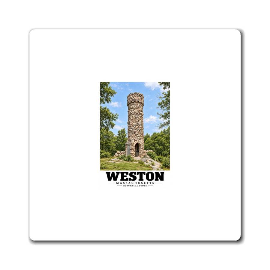 Illustrated Norumbega Tower in Weston on square magnet