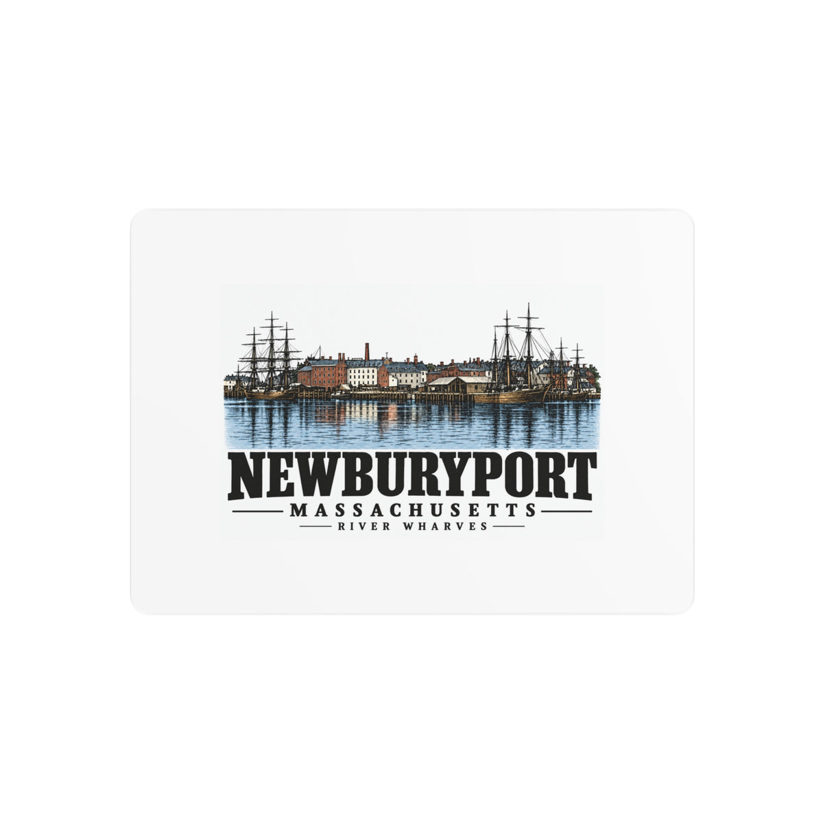 Front of River Wharves metal wall art, with Newburyport, Massachusetts artwork and lettering.
