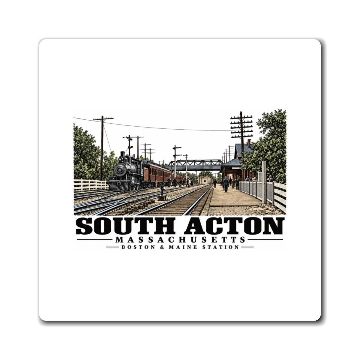 Illustrated Boston & Maine Station in South Acton on square magnet