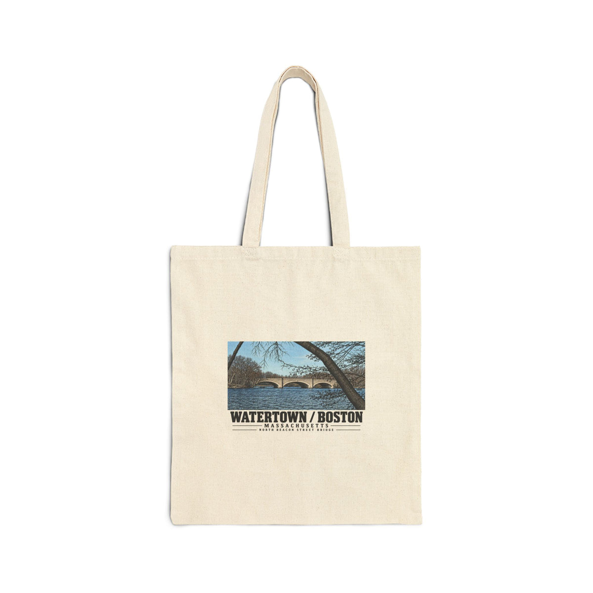 Natural fabric tote with North Beacon Street Bridge stone arches framed by a bare tree artwork and Watertown/Boston lettering