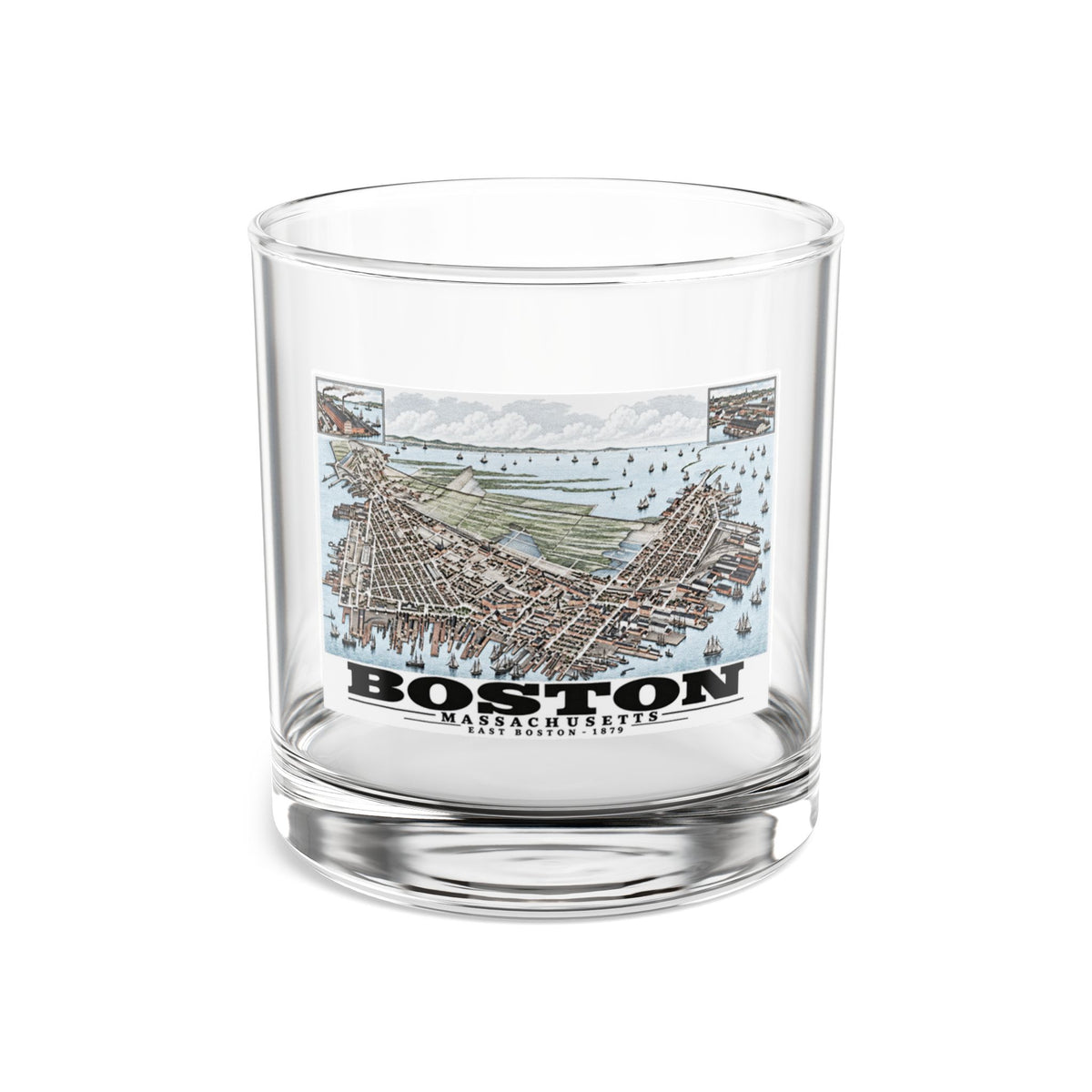 Clear rocks glass showing East Boston bird-eye city and harbor panorama with inset views artwork and Boston lettering
