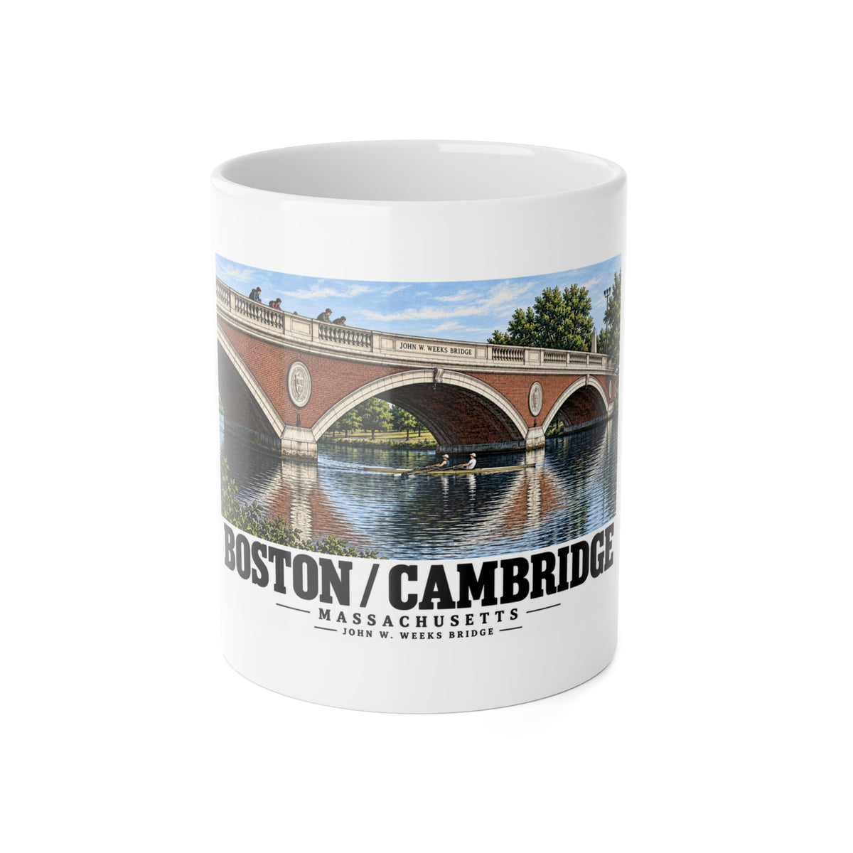 White mug showing John W. Weeks Bridge and scullers artwork and Boston/Cambridge lettering