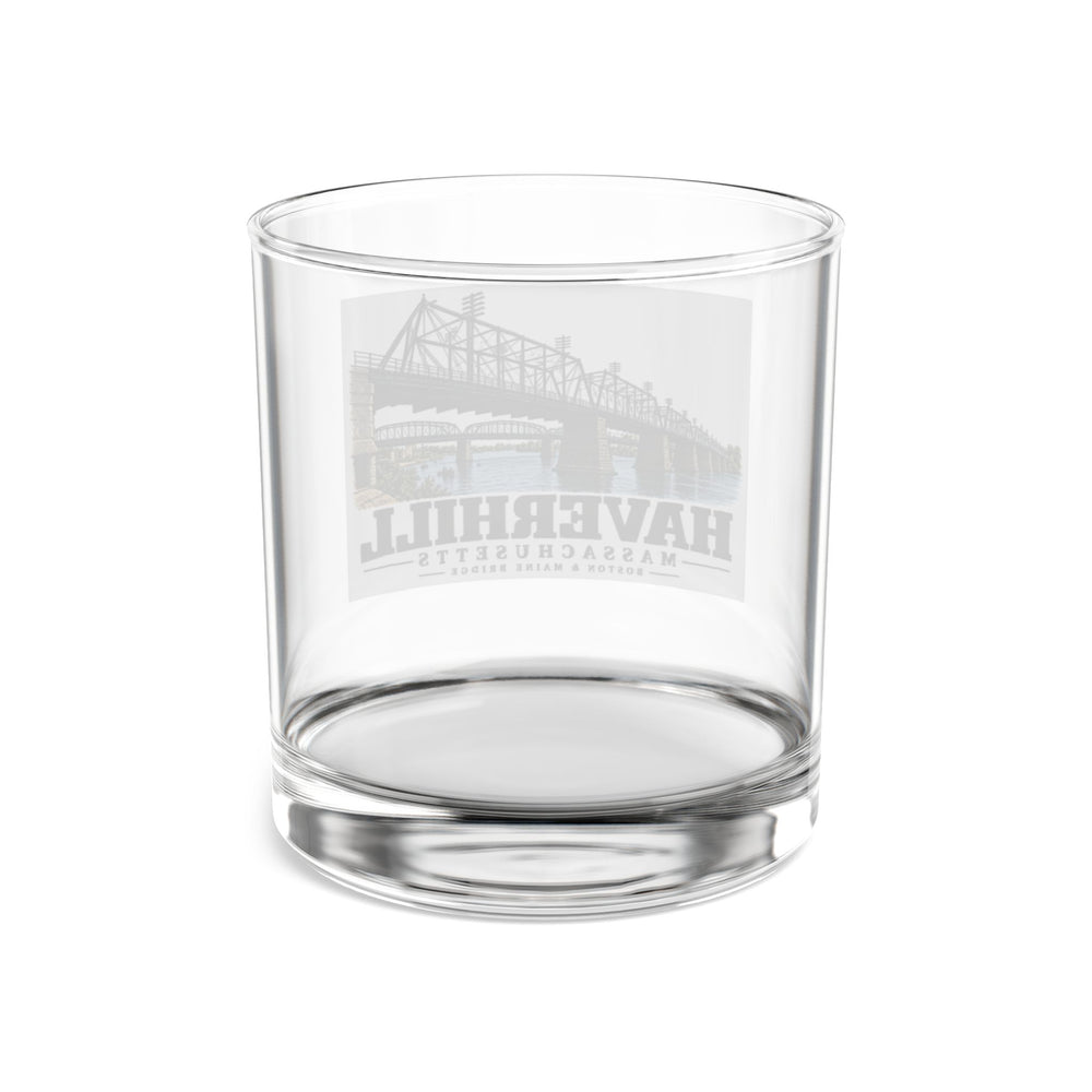 Transparent reverse of Boston & Maine Bridge rocks glass, with Haverhill, Massachusetts artwork and lettering.