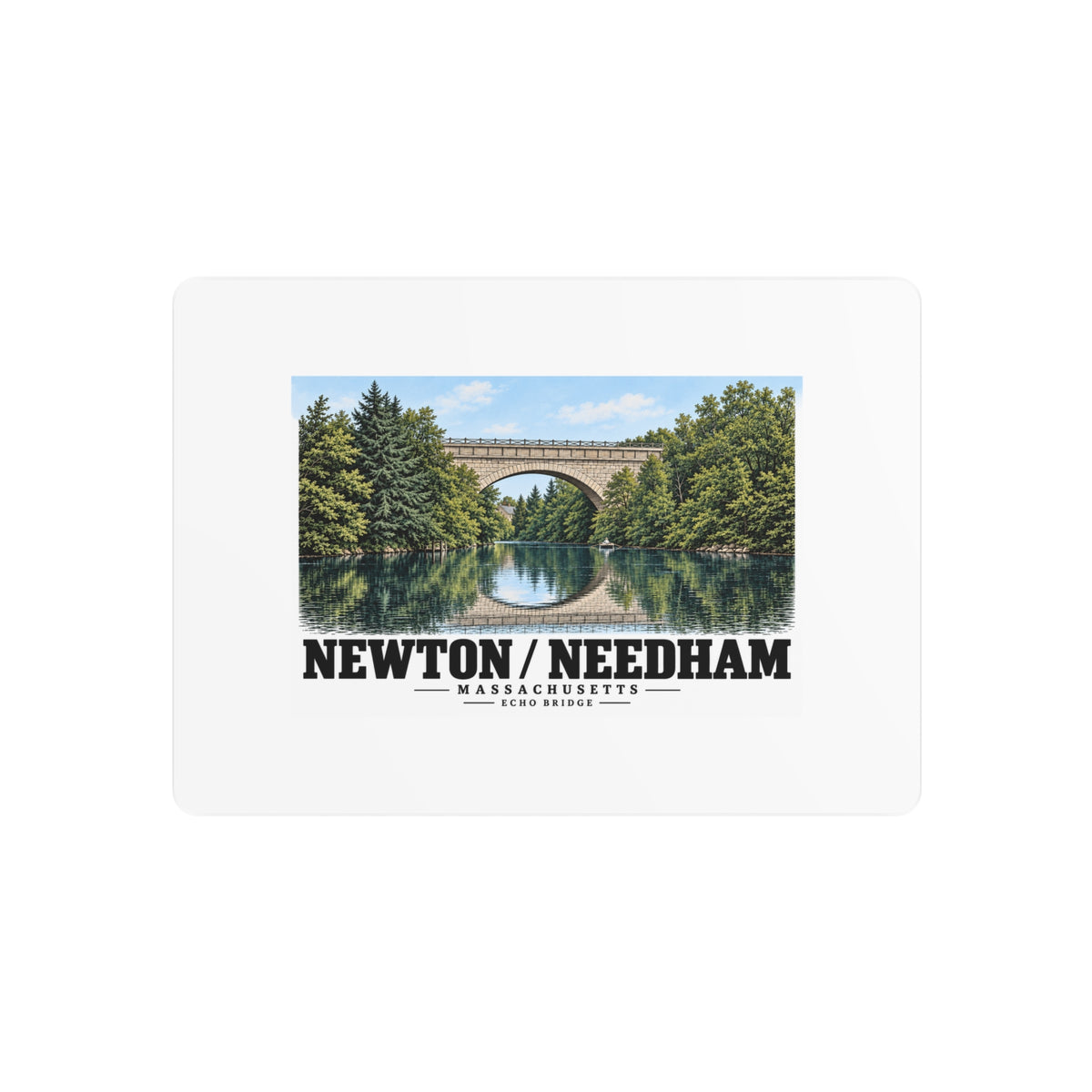 Metal sign front with Echo Bridge artwork and Newton/Needham lettering