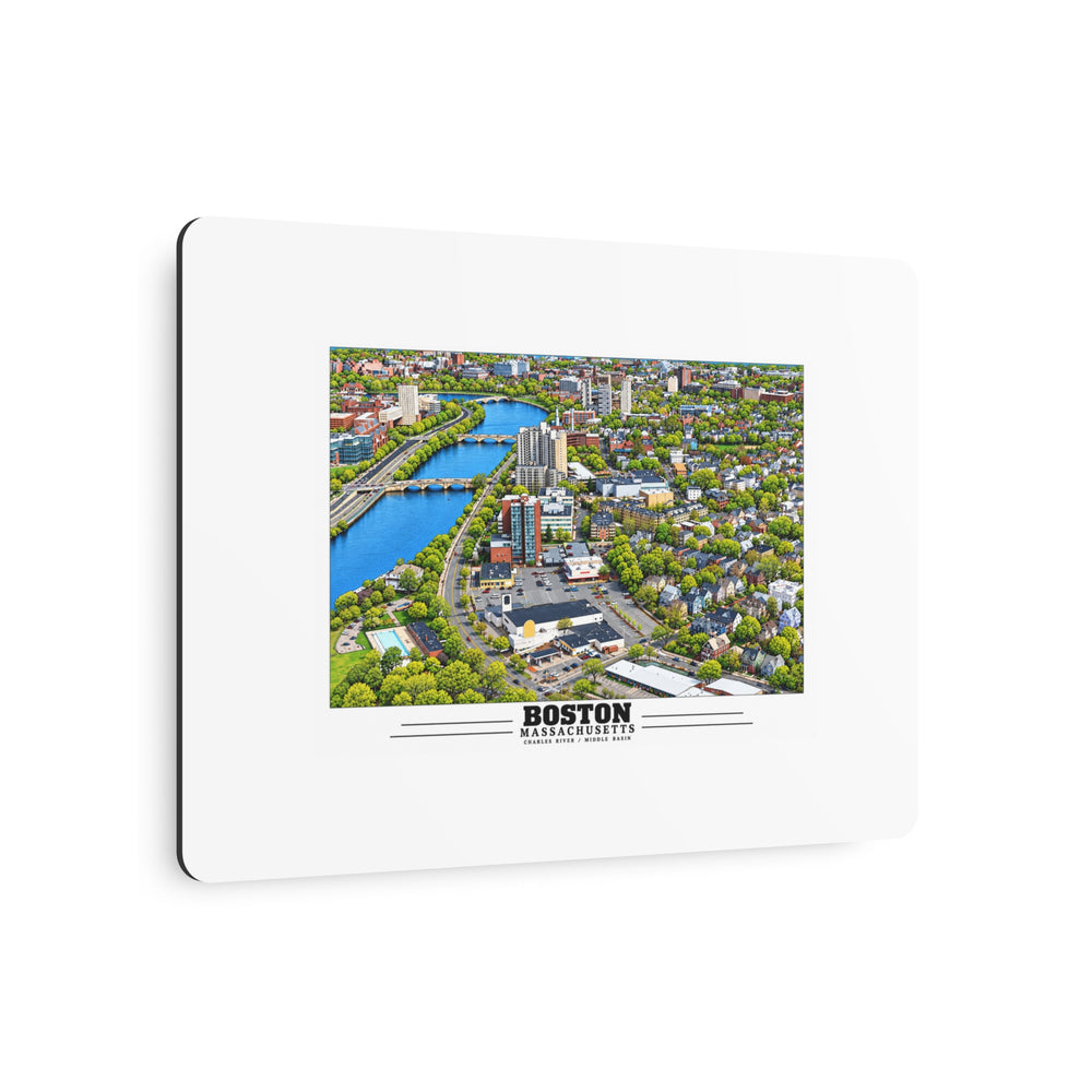 Angled view of Charles River aerial city view with bridges, buildings and green trees metal print with its dark edge visible