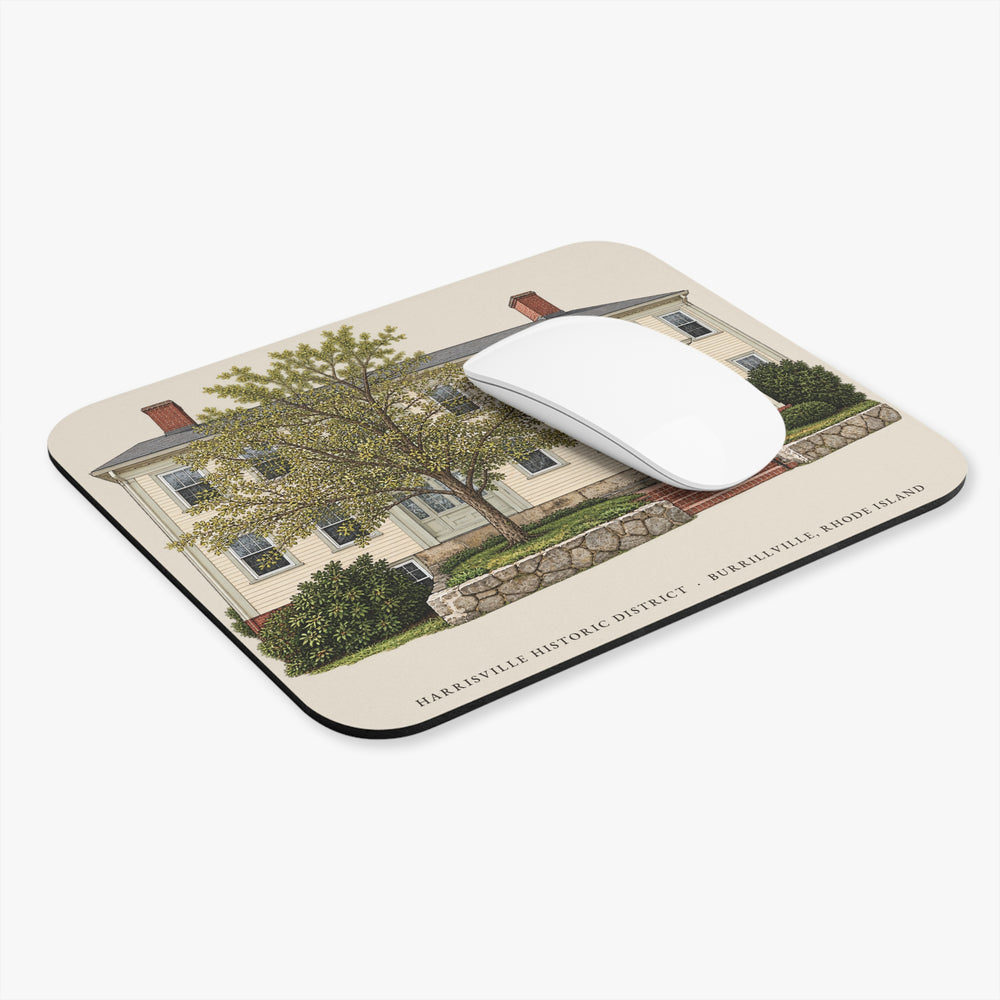 Burrillville Harrisville Historic District mouse pad mockup showing the full illustrated print