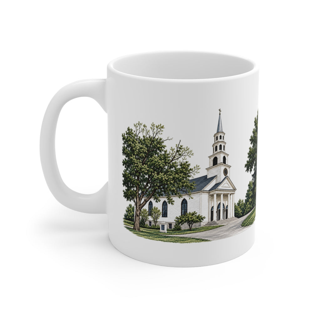 Sutton First Congregational Church 11 oz ceramic mug — artwork view, handle left — Familiar History