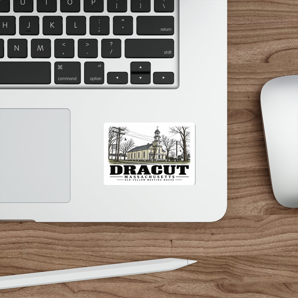 Laptop display of Old Yellow Meeting House white die-cut sticker, Dracut, Massachusetts.