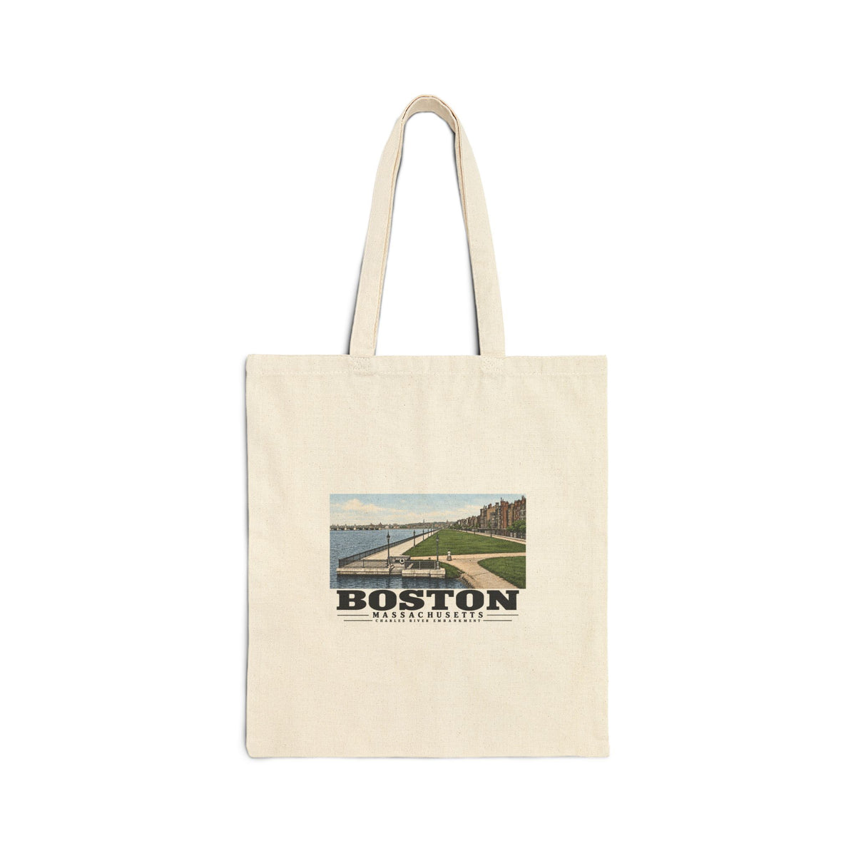 Natural fabric tote with Charles River Embankment riverside path, lawn and buildings artwork and Boston lettering