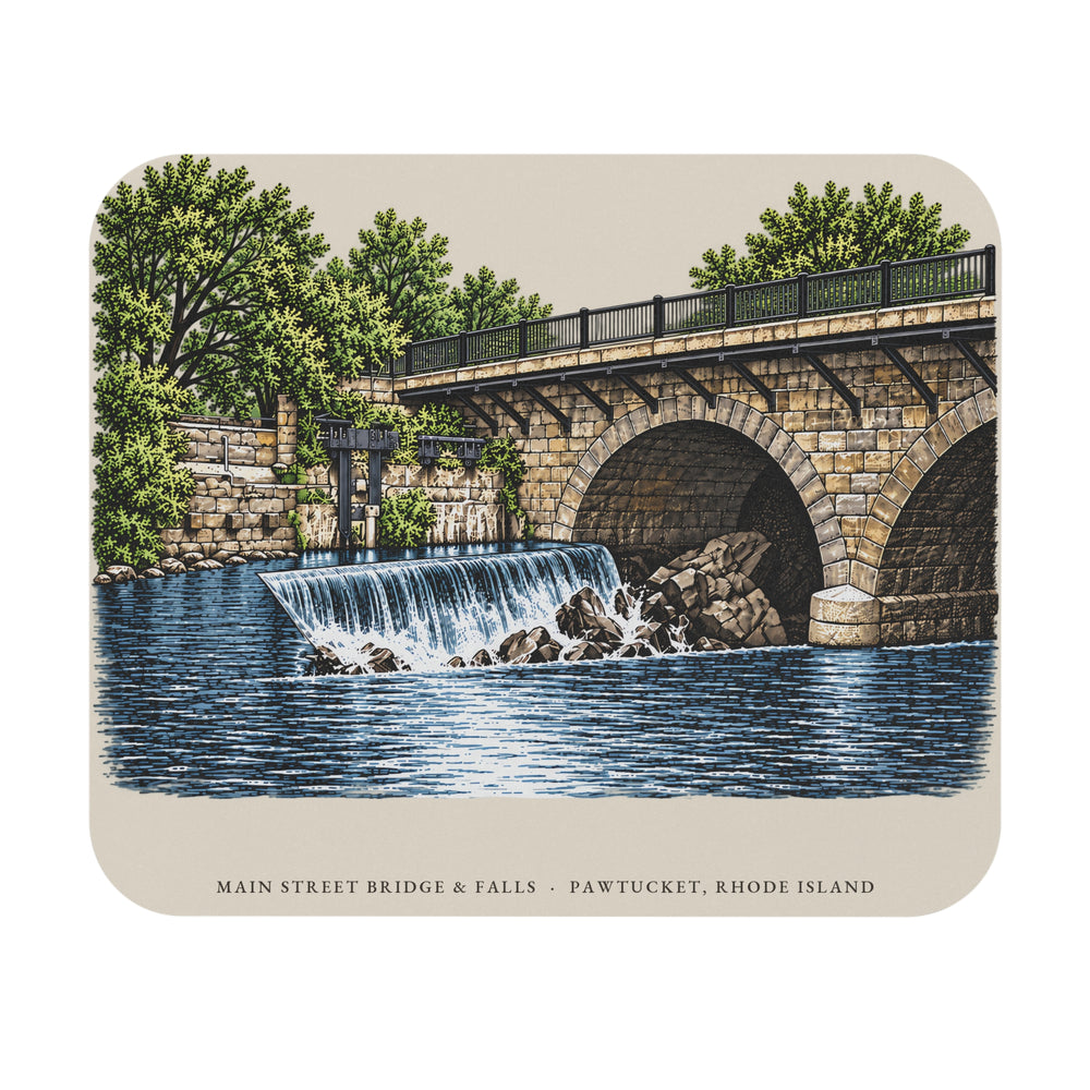 Pawtucket Main Street Stone-Arch Bridge and Falls mouse pad mockup showing the full illustrated print