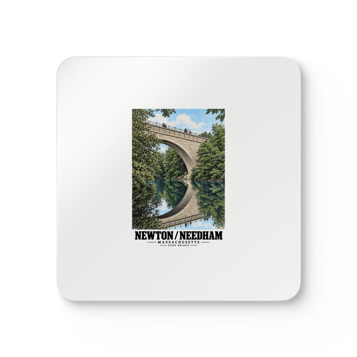 White square coaster showing Echo Bridge portrait artwork and Newton/Needham lettering
