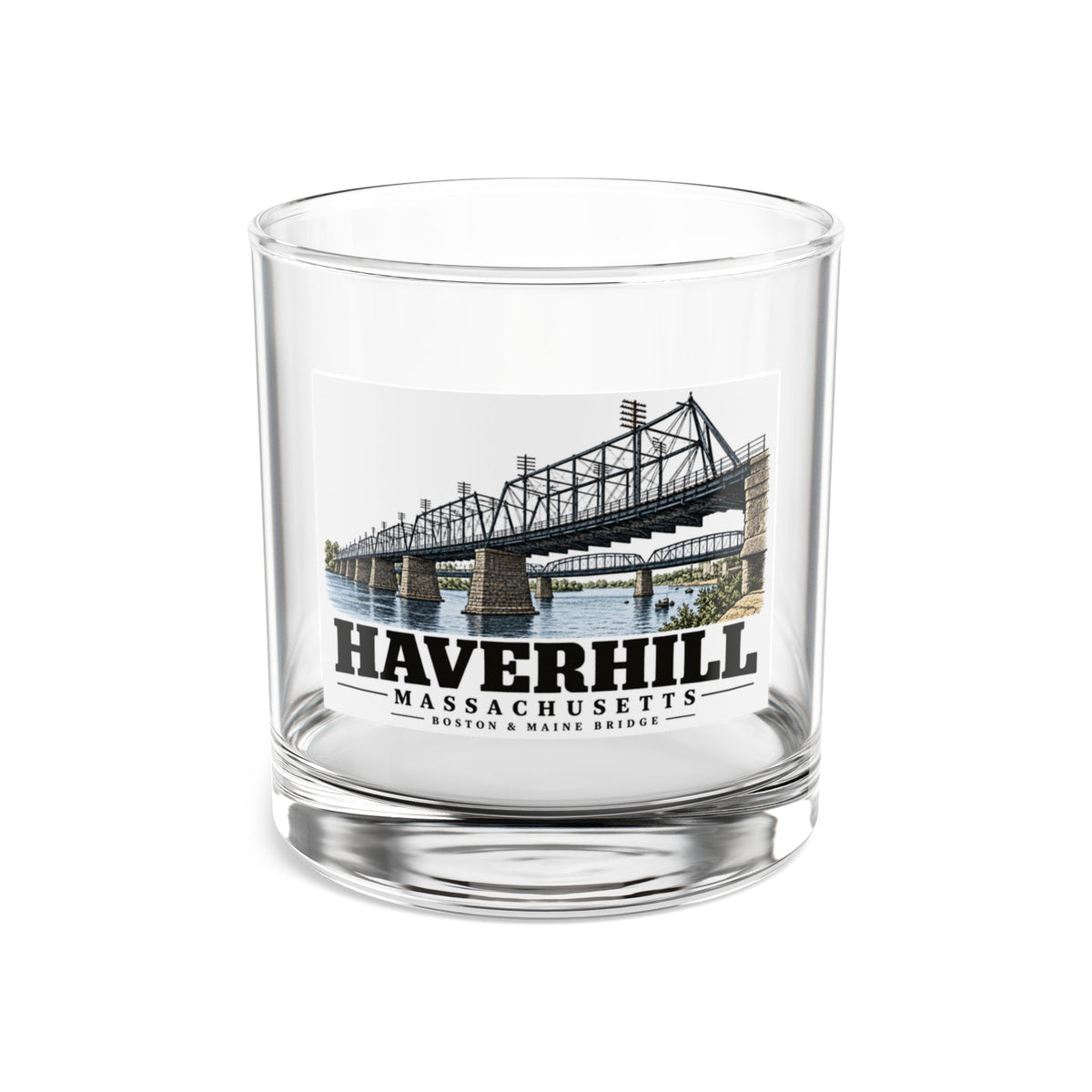 Front of Boston & Maine Bridge rocks glass, with Haverhill, Massachusetts artwork and lettering.