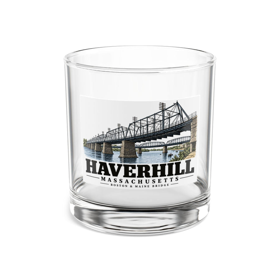 Front of Boston & Maine Bridge rocks glass, with Haverhill, Massachusetts artwork and lettering.