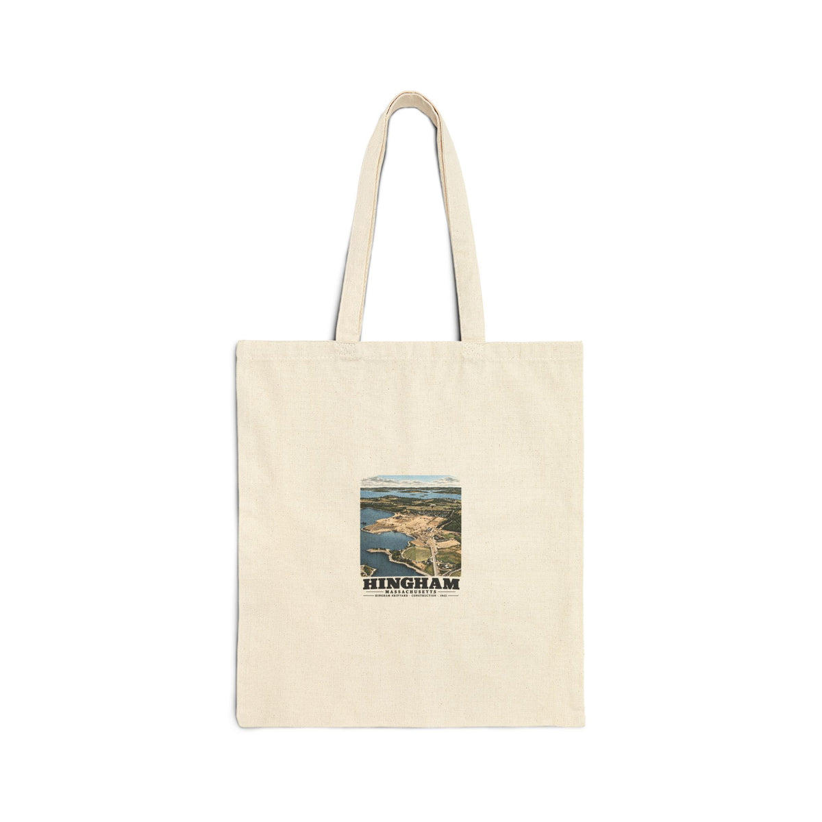 Illustrated Hingham Shipyard Construction in Hingham on cotton canvas tote — natural canvas