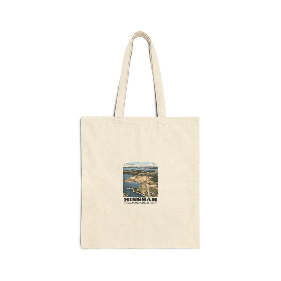 Illustrated Hingham Shipyard Construction in Hingham on cotton canvas tote — natural canvas