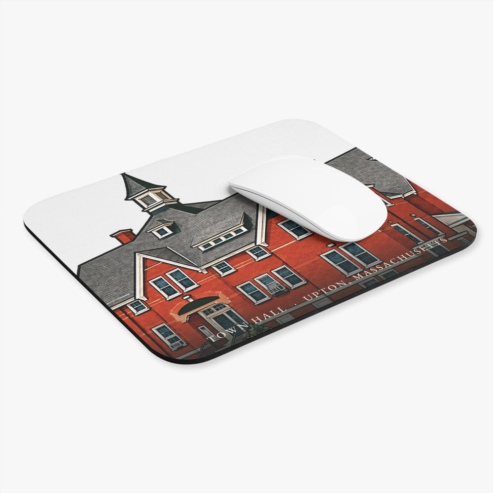Upton Town Hall mouse pad shown on a desk with a mouse